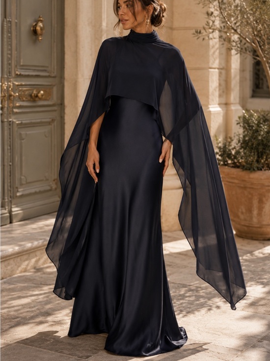 Xscape Dresses & Skirts - Xscape Evenings Laura Satin Gown Chiffon Overlay Sheer Shawl in Navy Blue 7521X